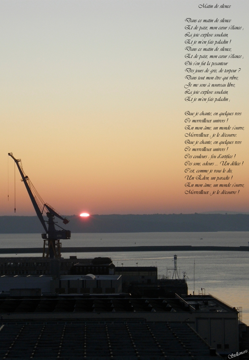 Matin de silence / / Dans ce matin de silence / Et de paix, mon cœur s’élance ; / / La joie explose soudain, / Et je m’en fais paladin ! / Dans ce matin de silence, / Et de paix, mon cœur s’élance ; / Où s’en fut la pesanteur / Des jours de gris, de torpeur ? / Dans tout mon être qui vibre, / Je me sens à nouveau libre, / La joie explose soudain, / Et je m’en fais paladin ; / / Que je chante, en quelques vers / Ce merveilleux univers ! / En mon âme, un monde s’ouvre, / Merveilleux ; je le découvre. / Que je chante, en quelques vers / Ce merveilleux univers ! / Ces couleurs : feu d’artifice ! / Ces sons, odeurs … Un délice ! / C’est, comme je vous le dis, / Un Éden, un paradis ! / En mon âme, un monde s’ouvre, / Merveilleux ; je le découvre ! / / Stellamaris